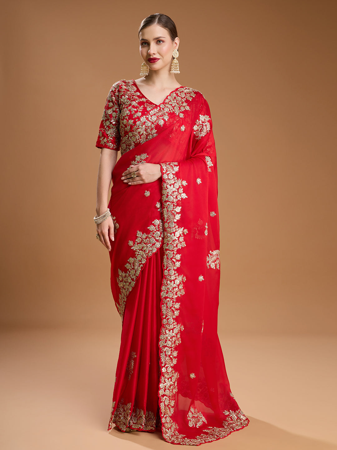Jyoti Fashion Women's Red Jimmy Choo Embroidered & Coding Designer Saree with Blouse - Distacart