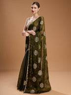 Jyoti Fashion Women's Dark Green Jimmy Choo Sequins Embroidered Designer Saree with Blouse - Distacart