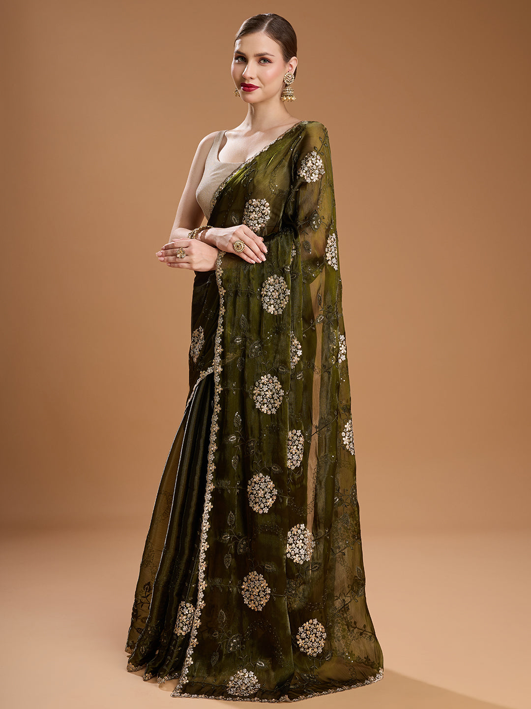 Jyoti Fashion Women's Dark Green Jimmy Choo Sequins Embroidered Designer Saree with Blouse - Distacart