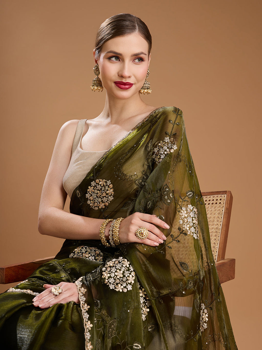 Jyoti Fashion Women's Dark Green Jimmy Choo Sequins Embroidered Designer Saree with Blouse - Distacart