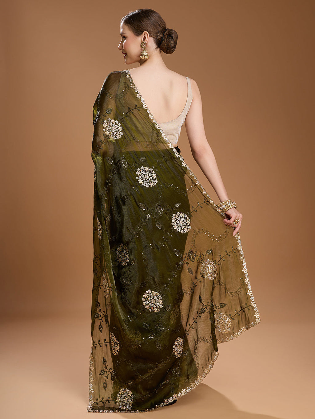 Jyoti Fashion Women's Dark Green Jimmy Choo Sequins Embroidered Designer Saree with Blouse - Distacart