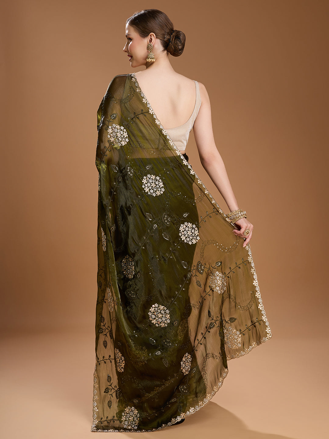 Jyoti Fashion Women's Dark Green Jimmy Choo Sequins Embroidered Designer Saree with Blouse - Distacart