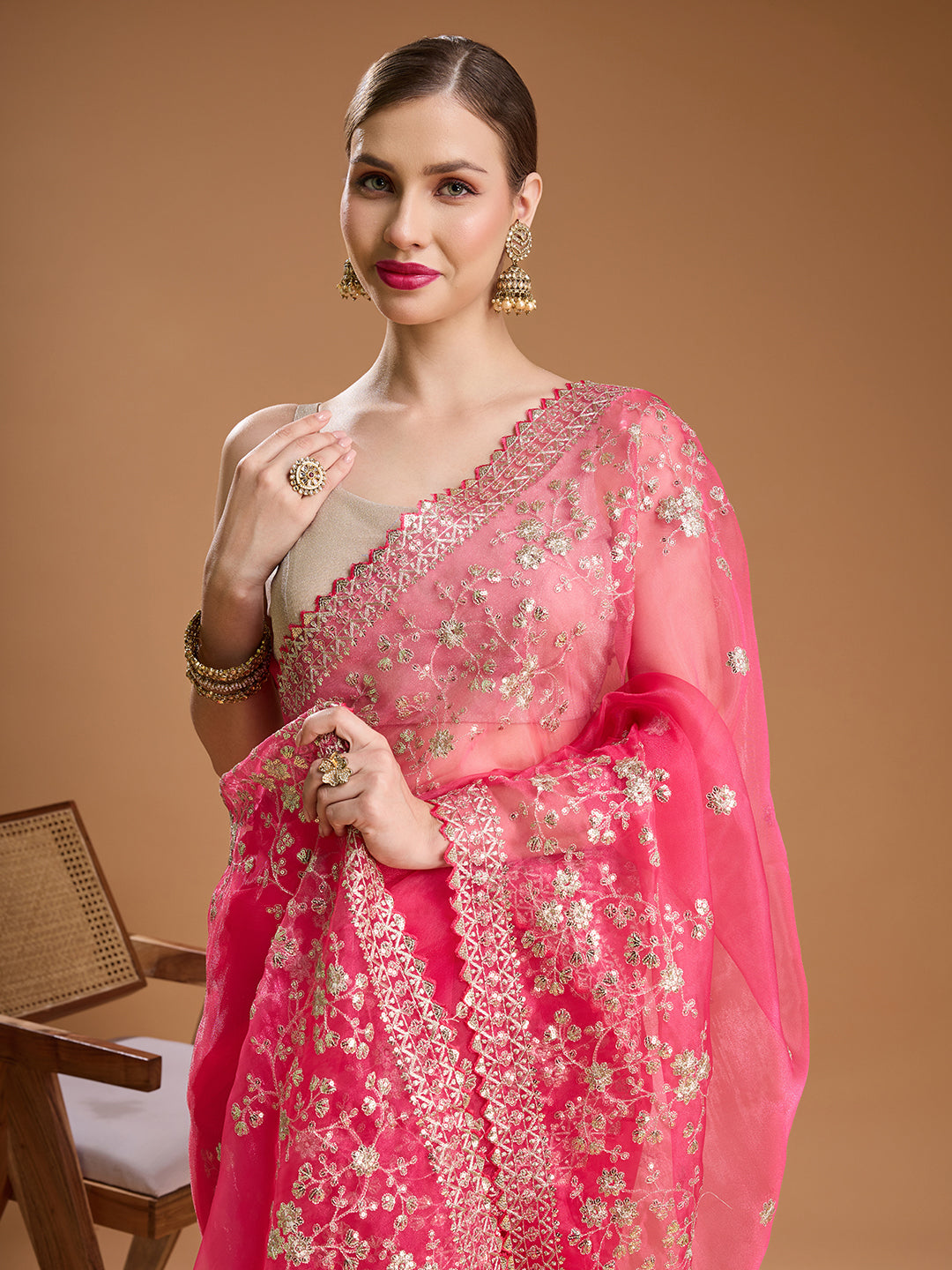 Jyoti Fashion Women's Pink Net Sequins Embroidered Designer Saree with Blouse - Distacart