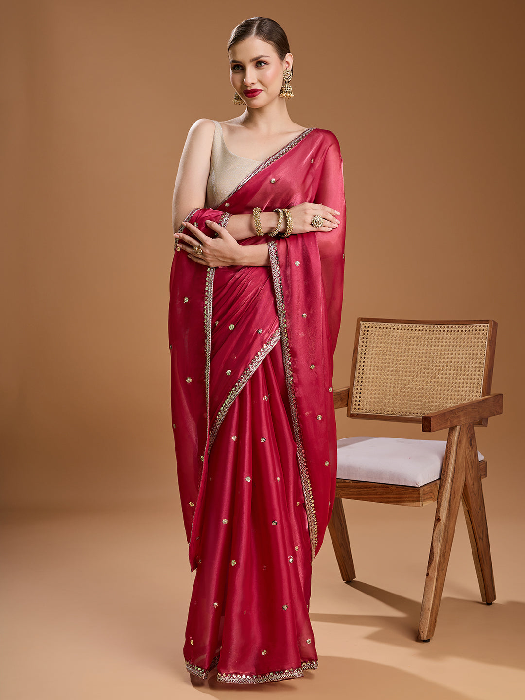 Jyoti Fashion Women's Gajri Red Jimmy Choo Sequins Embroidered Designer Saree with Blouse - Distacart
