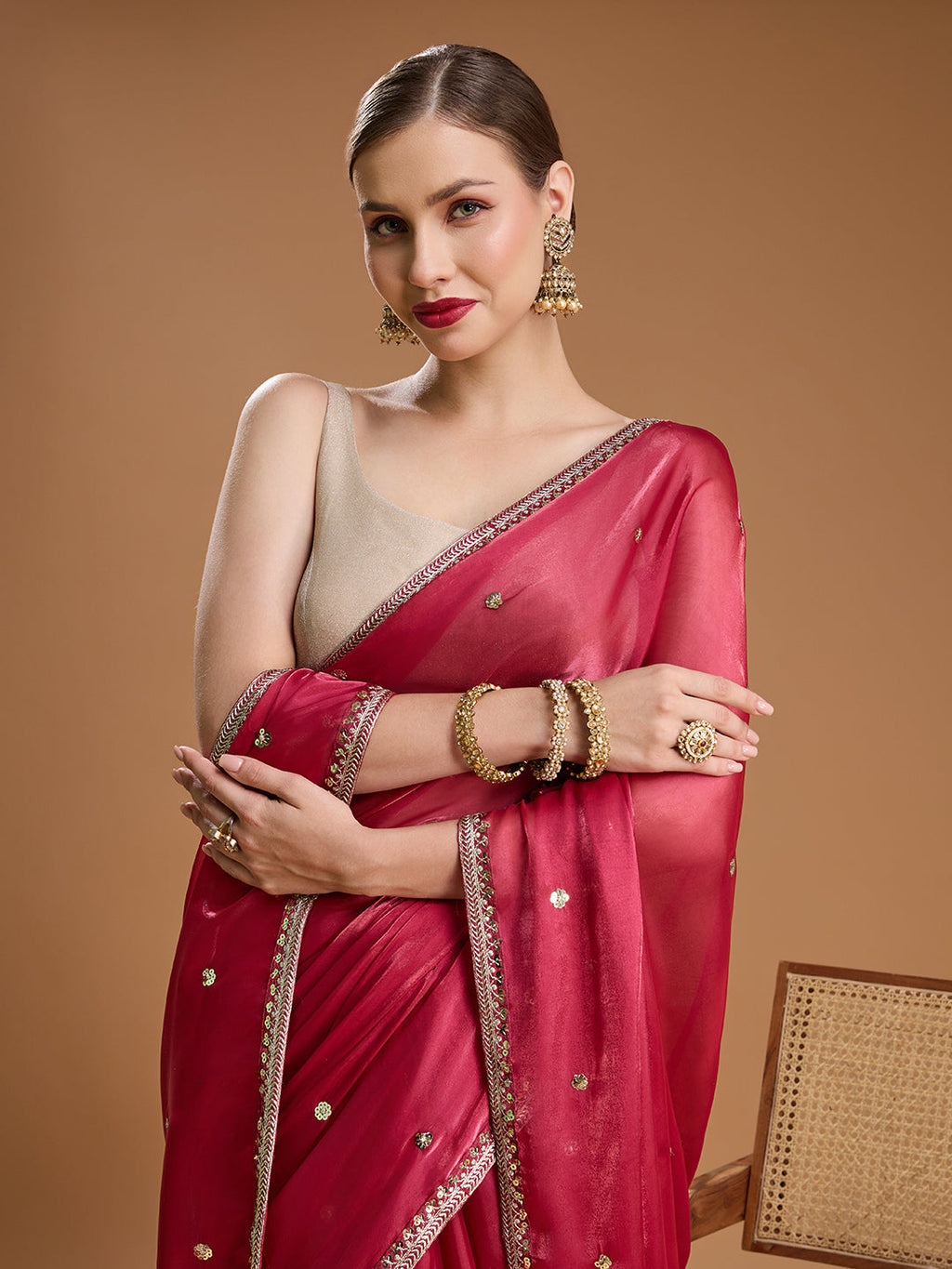 Jyoti Fashion Women's Gajri Red Jimmy Choo Sequins Embroidered Designer Saree with Blouse - Distacart