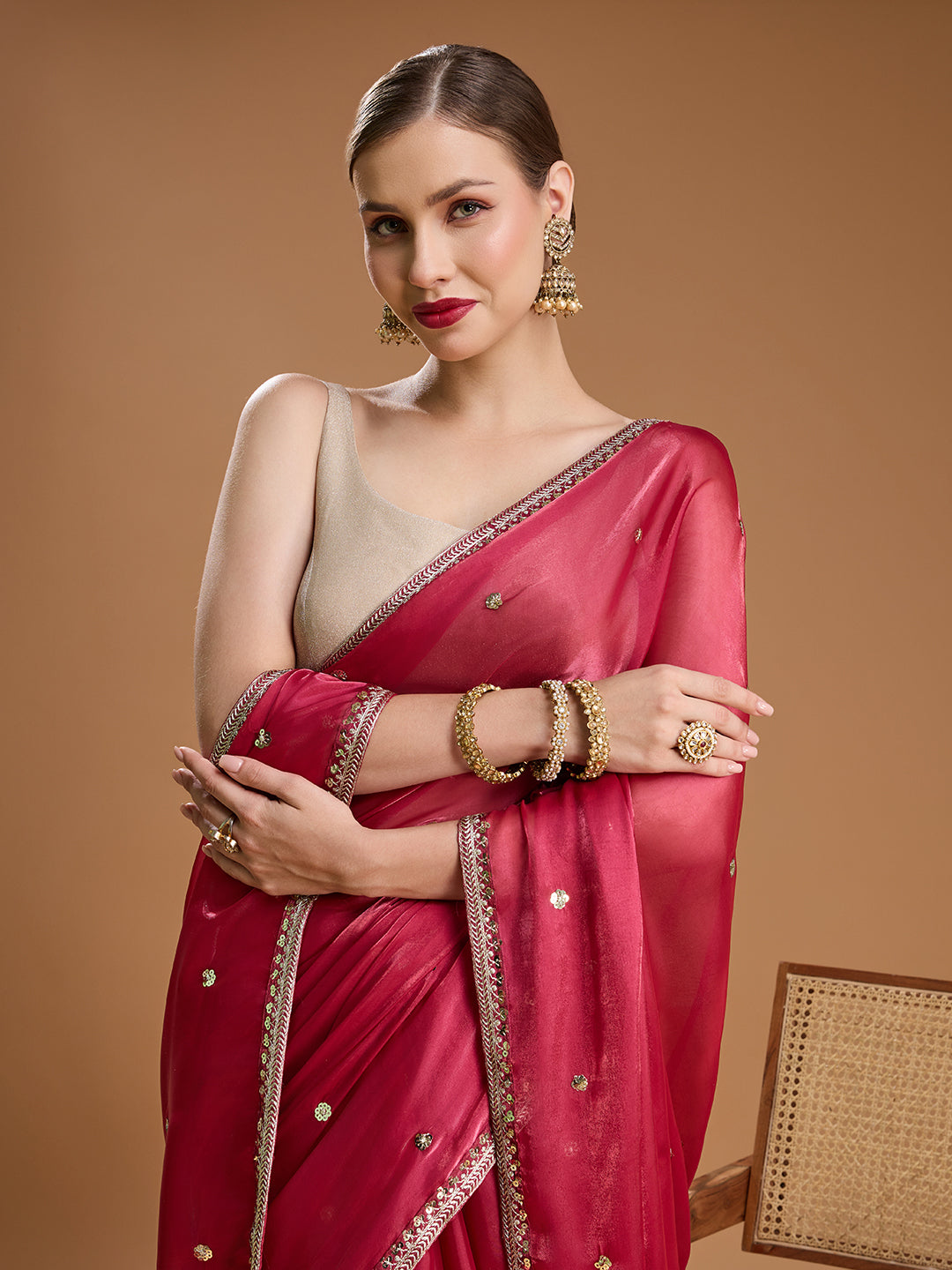 Jyoti Fashion Women's Gajri Red Jimmy Choo Sequins Embroidered Designer Saree with Blouse - Distacart