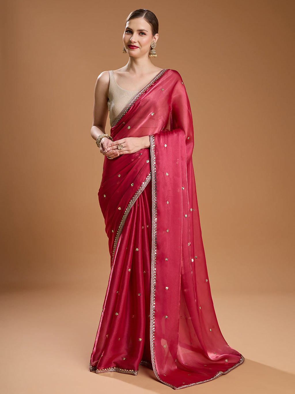 Jyoti Fashion Women's Gajri Red Jimmy Choo Sequins Embroidered Designer Saree with Blouse - Distacart