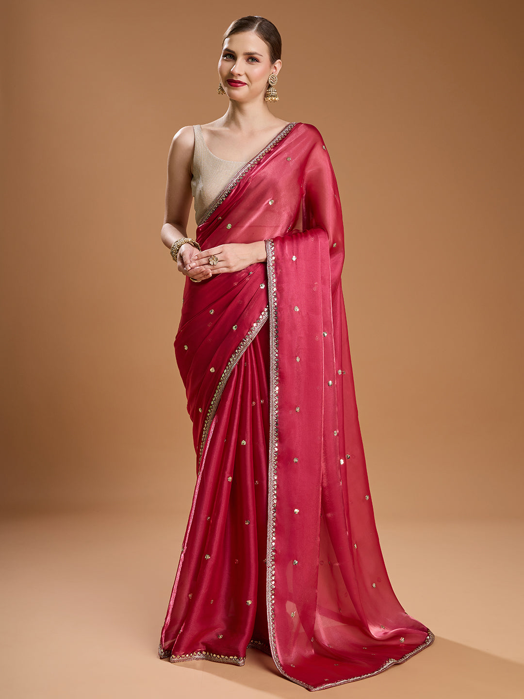 Jyoti Fashion Women's Gajri Red Jimmy Choo Sequins Embroidered Designer Saree with Blouse - Distacart