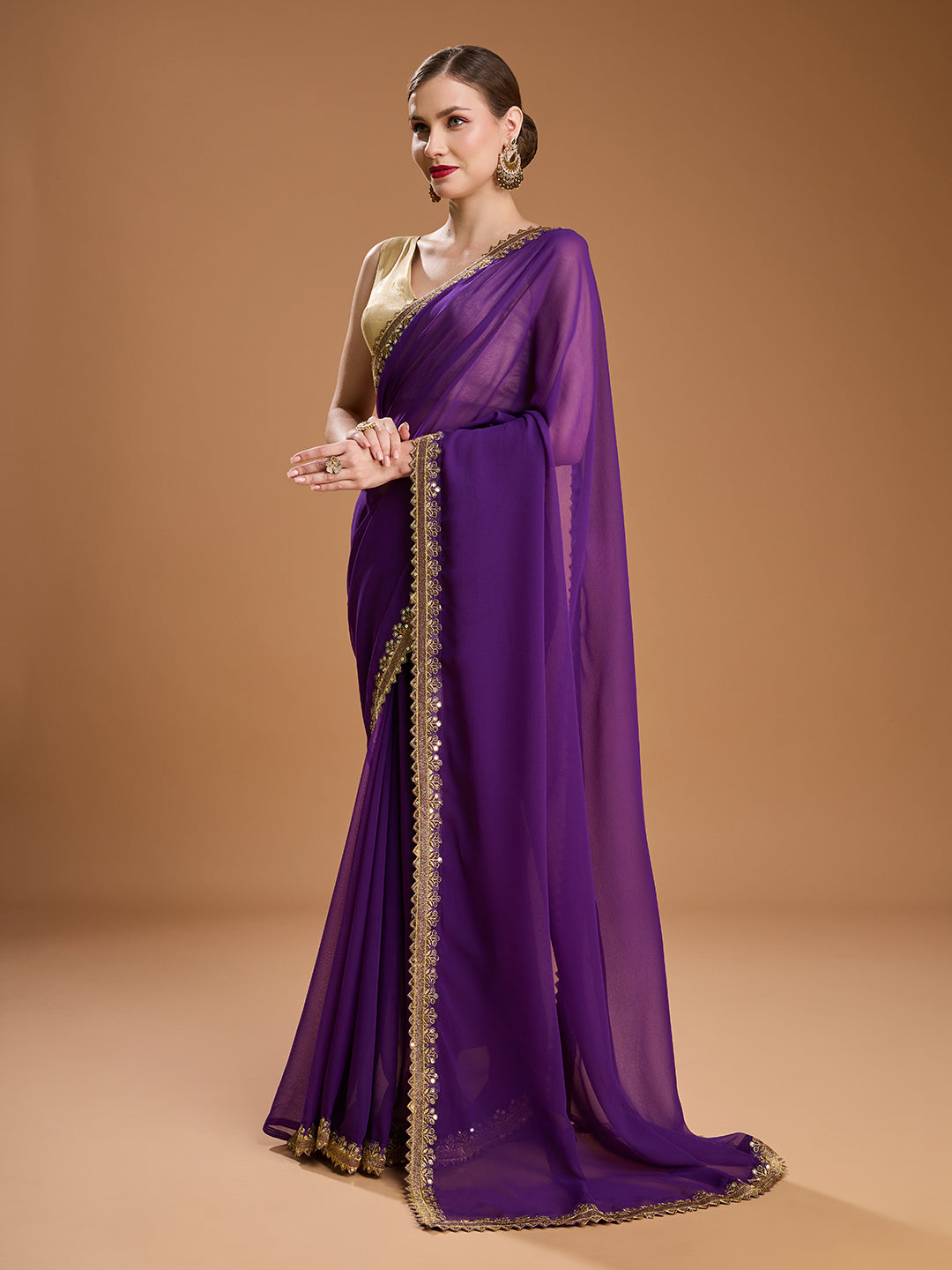 Jyoti Fashion Women's Purple Georgette Sequins Embroidered Designer Saree with Blouse - Distacart