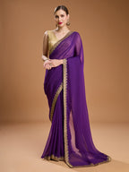 Jyoti Fashion Women's Purple Georgette Sequins Embroidered Designer Saree with Blouse - Distacart