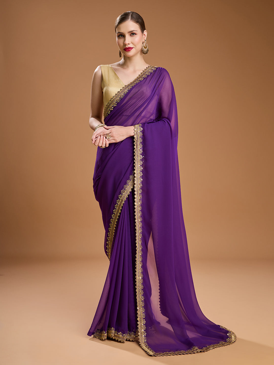 Jyoti Fashion Women's Purple Georgette Sequins Embroidered Designer Saree with Blouse - Distacart