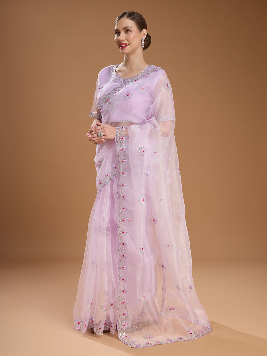 Jyoti Fashion Women's Light Purple Net Sequins Embroidered Designer Saree with Blouse - Distacart