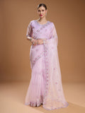 Jyoti Fashion Women's Light Purple Net Sequins Embroidered Designer Saree with Blouse - Distacart
