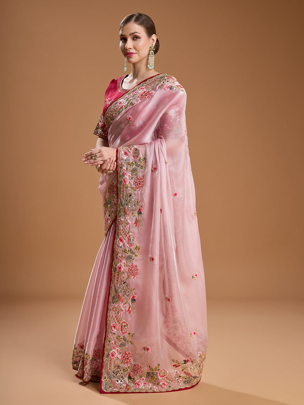 Jyoti Fashion Women's Baby Pink Jimmy Choo Sequins Coding Embroidered Designer Saree with Blouse - Distacart