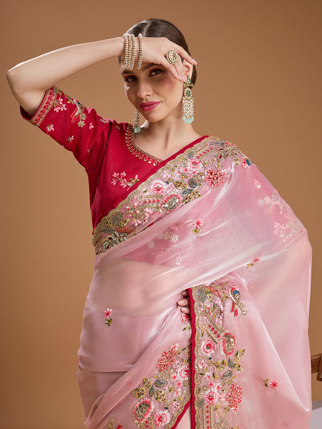 Jyoti Fashion Women's Baby Pink Jimmy Choo Sequins Coding Embroidered Designer Saree with Blouse - Distacart