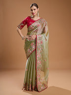 Jyoti Fashion Women's Sea Green Jimmy Choo Sequins Coding Embroidered Designer Saree with Blouse - Distacart