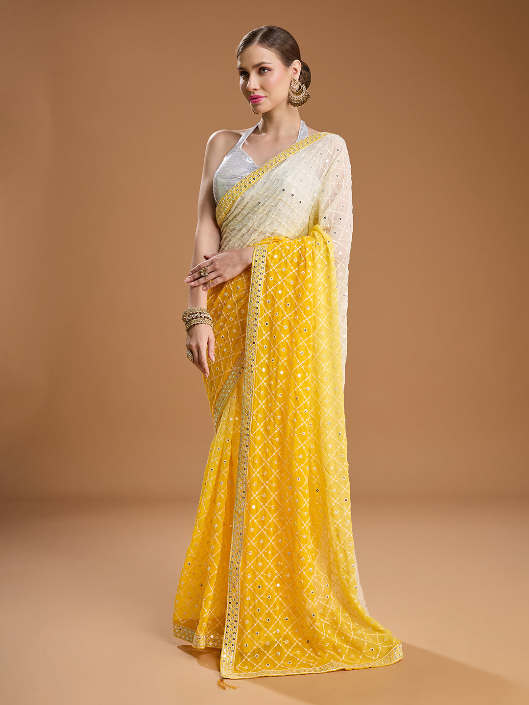 Jyoti Fashion Women's Yellow Georgette Embroidered Mirror Designer Saree with Blouse - Distacart