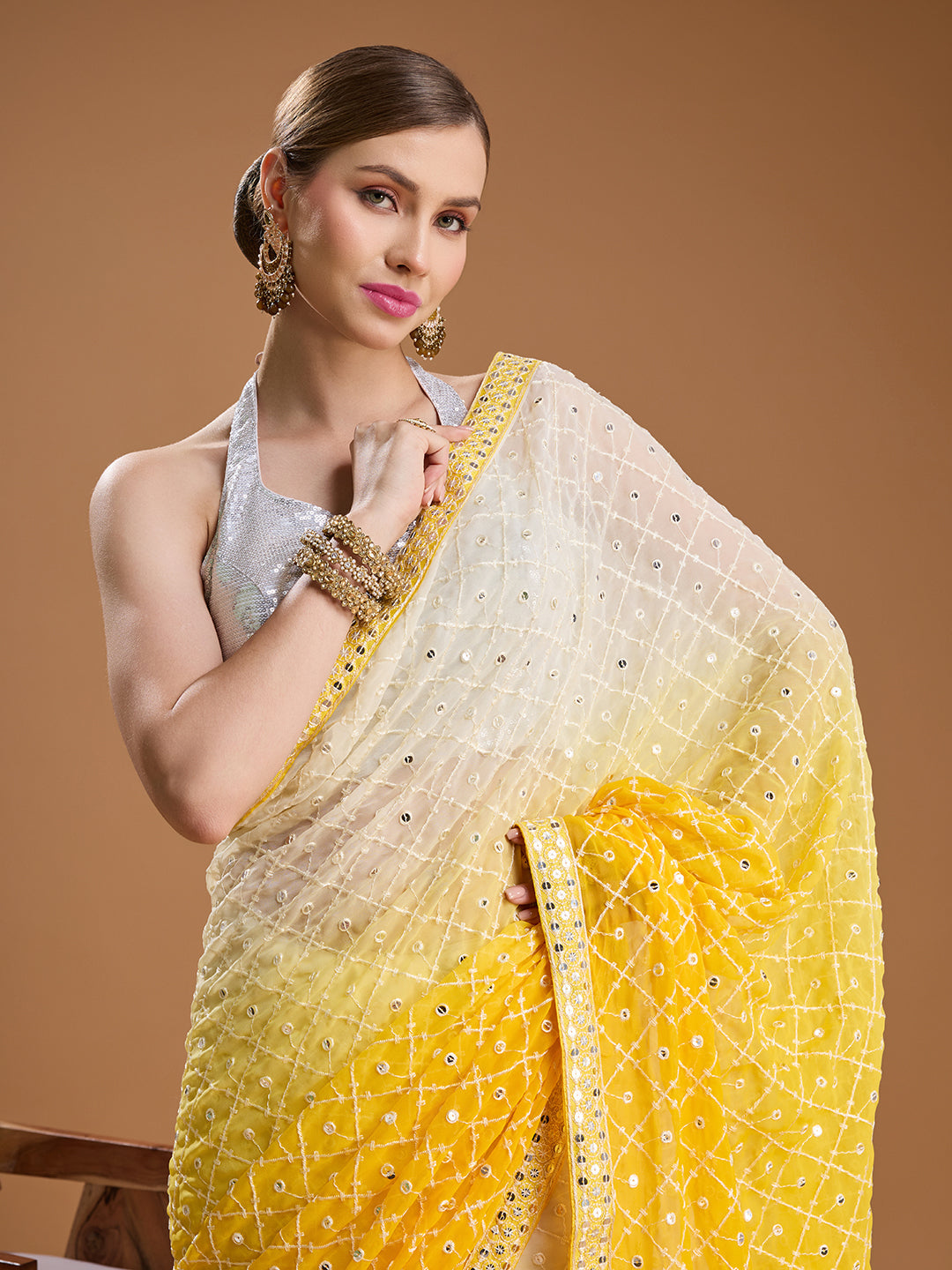Jyoti Fashion Women's Yellow Georgette Embroidered Mirror Designer Saree with Blouse - Distacart