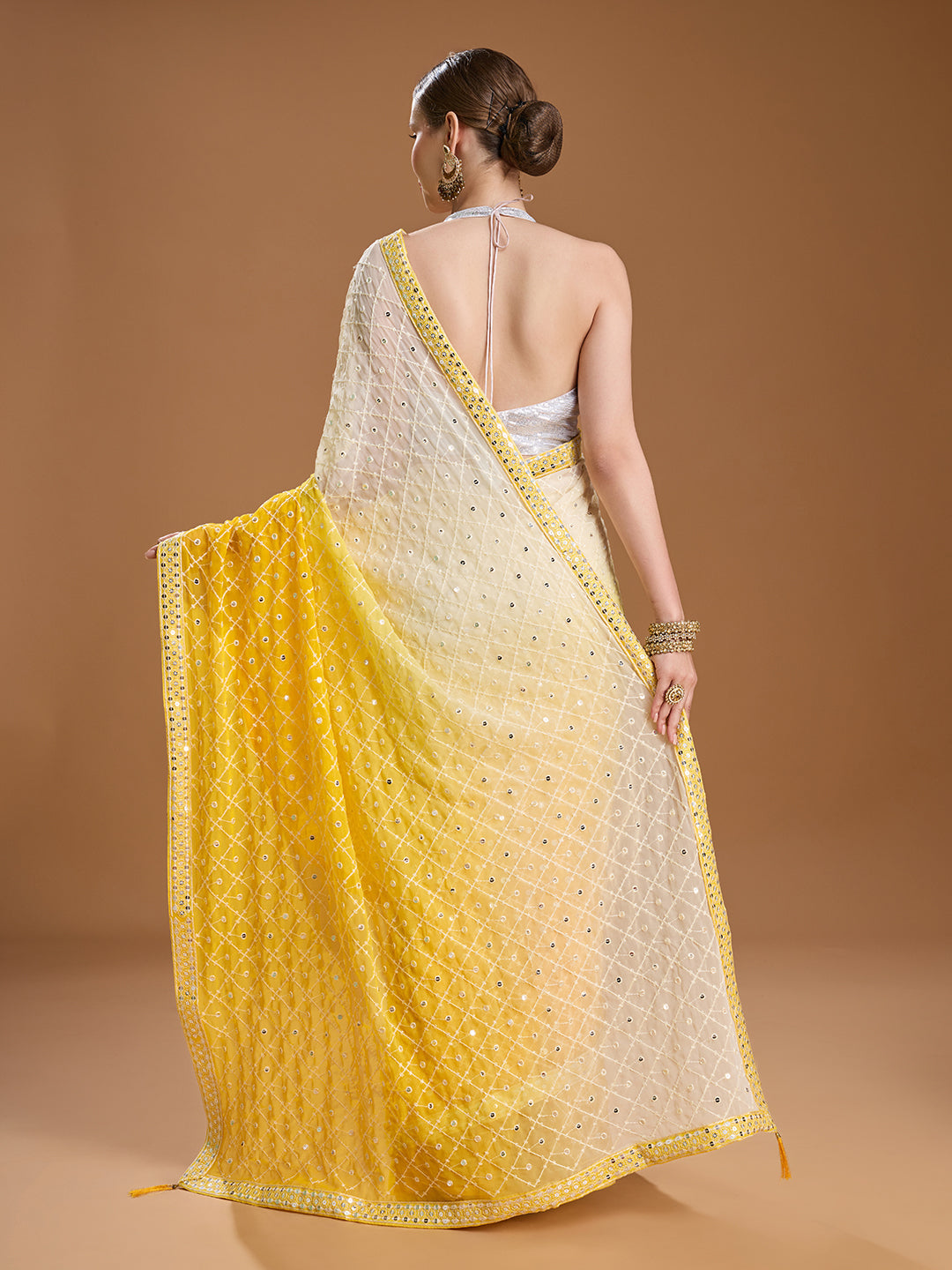 Jyoti Fashion Women's Yellow Georgette Embroidered Mirror Designer Saree with Blouse - Distacart