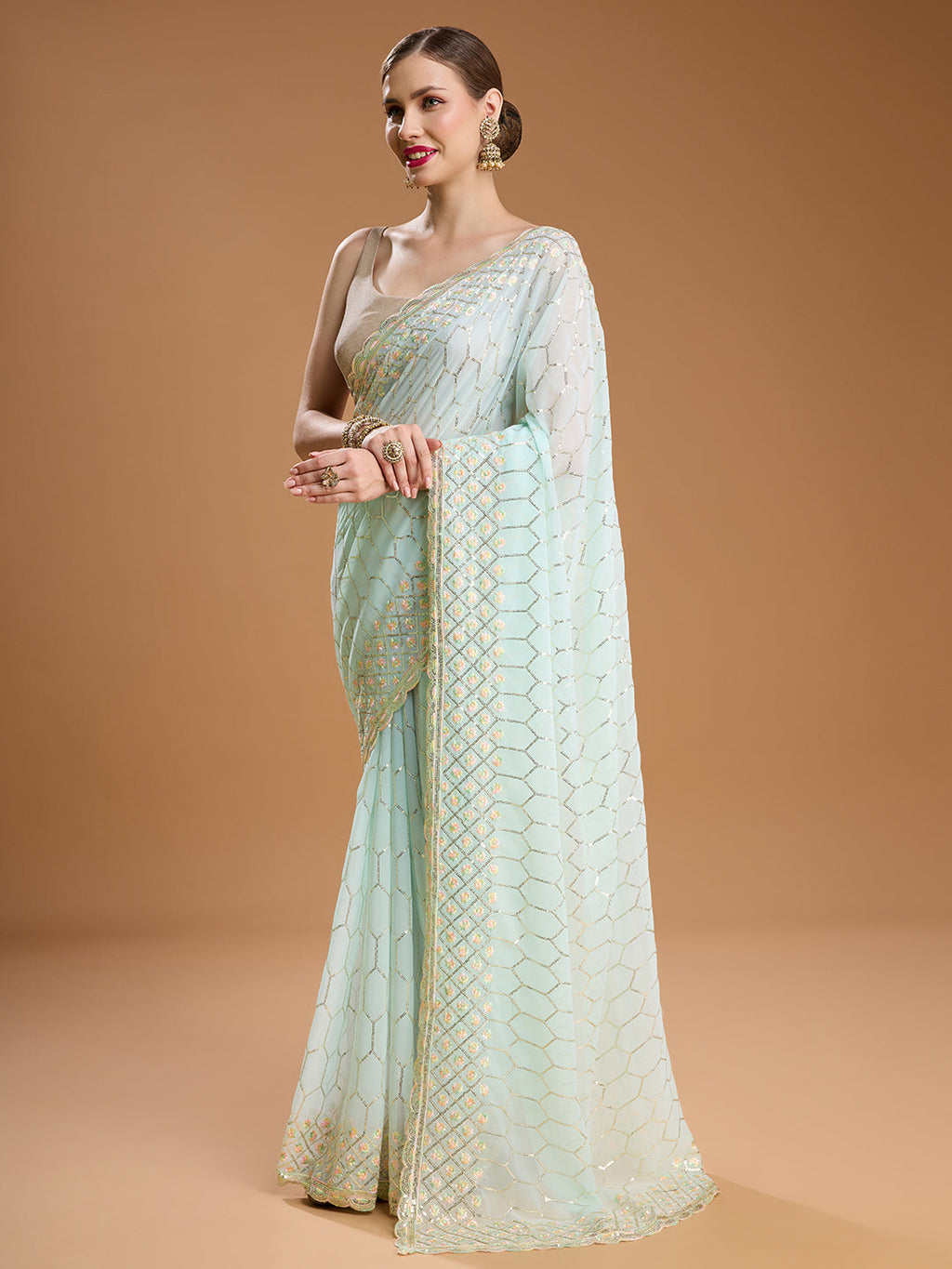 Jyoti Fashion Women's Sky Blue Georgette Sequins Embroidered Designer Saree with Blouse - Distacart