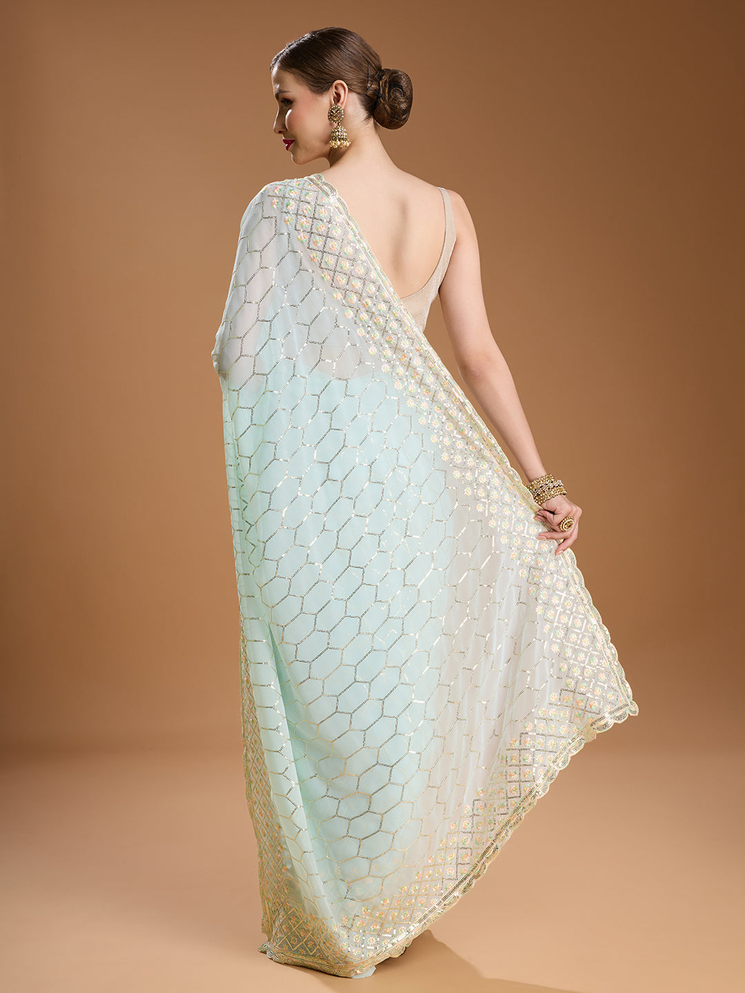 Jyoti Fashion Women's Sky Blue Georgette Sequins Embroidered Designer Saree with Blouse - Distacart