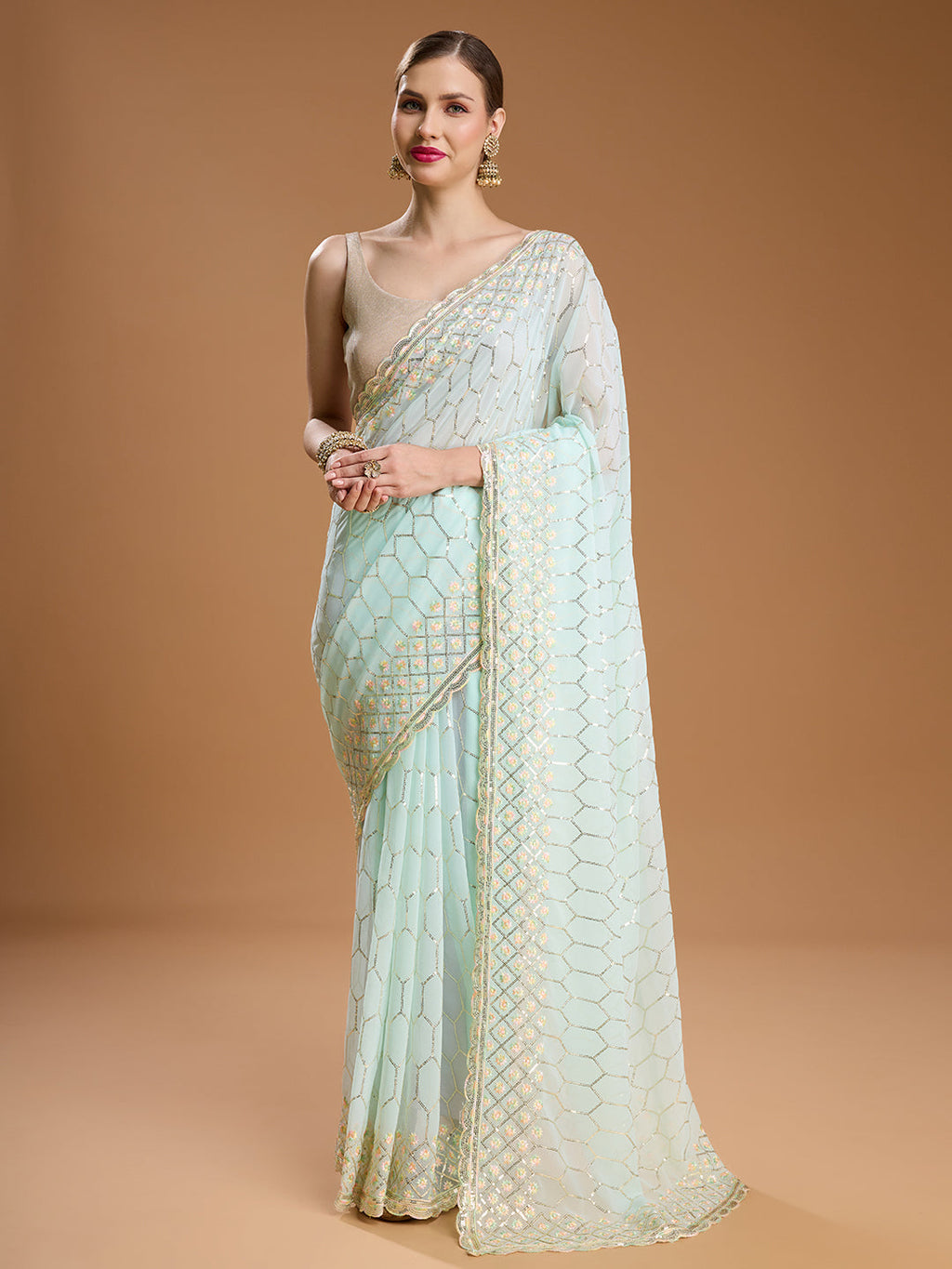 Jyoti Fashion Women's Sky Blue Georgette Sequins Embroidered Designer Saree with Blouse - Distacart