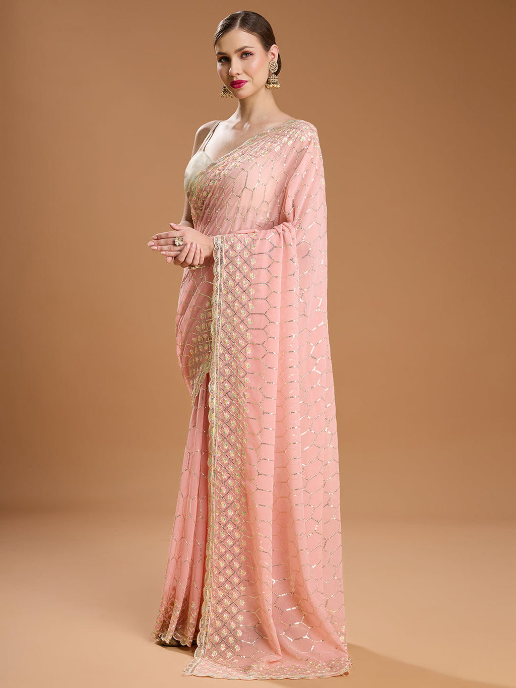 Jyoti Fashion Women's Peach Georgette Sequins Embroidered Designer Saree with Blouse - Distacart