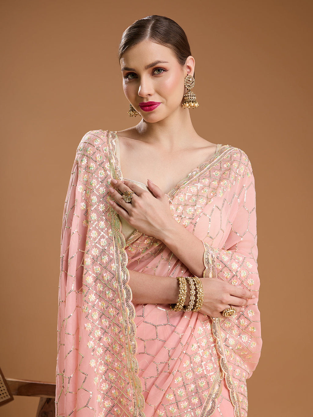 Jyoti Fashion Women's Peach Georgette Sequins Embroidered Designer Saree with Blouse - Distacart