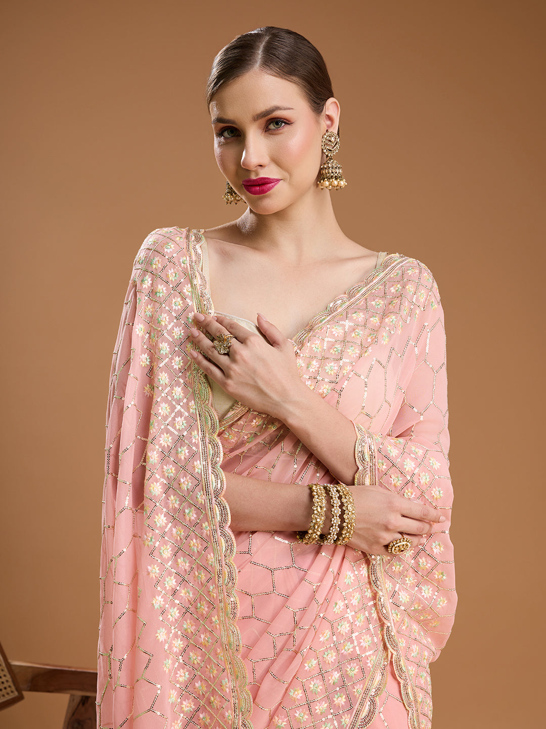 Jyoti Fashion Women's Peach Georgette Sequins Embroidered Designer Saree with Blouse - Distacart