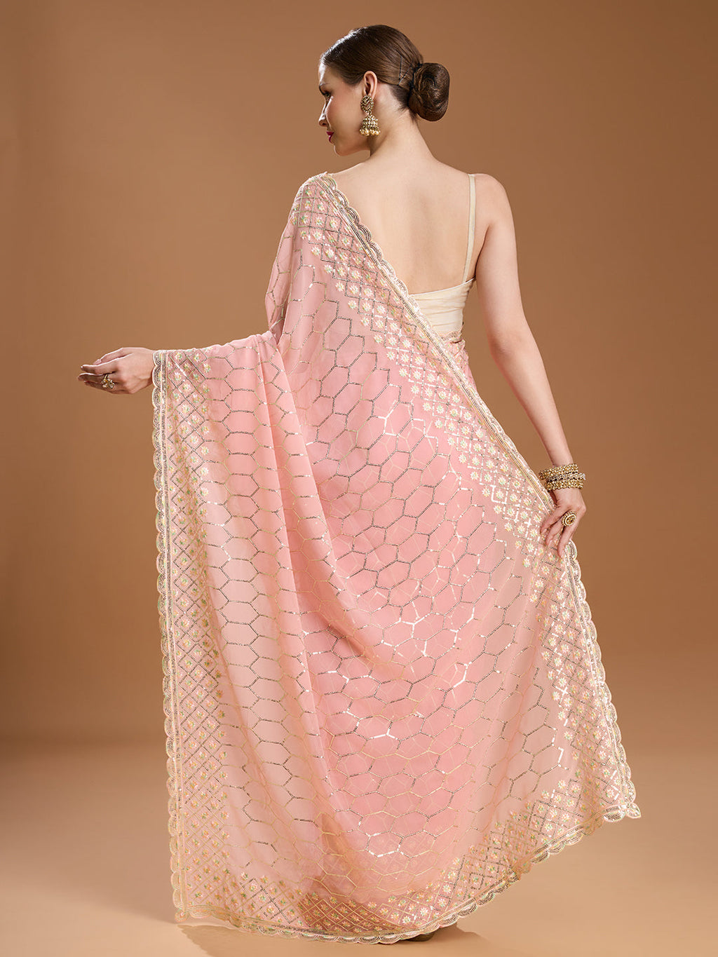 Jyoti Fashion Women's Peach Georgette Sequins Embroidered Designer Saree with Blouse - Distacart