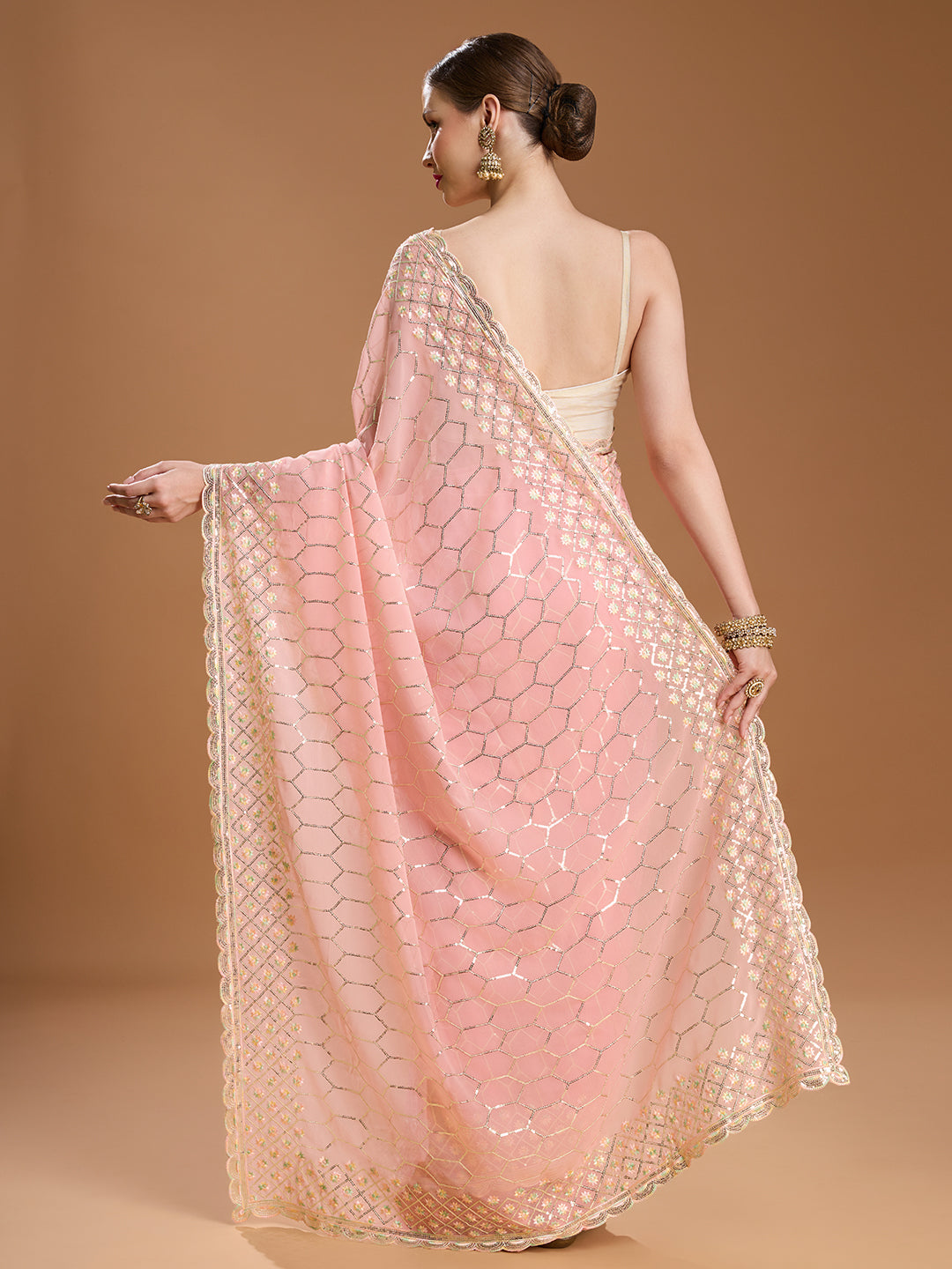 Jyoti Fashion Women's Peach Georgette Sequins Embroidered Designer Saree with Blouse - Distacart