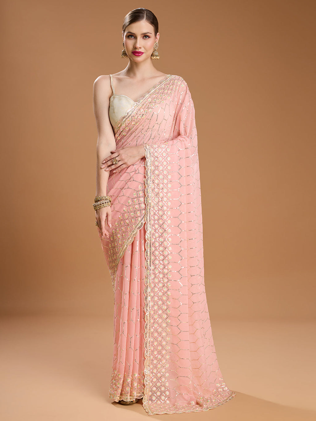 Jyoti Fashion Women's Peach Georgette Sequins Embroidered Designer Saree with Blouse - Distacart