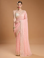 Jyoti Fashion Women's Peach Georgette Sequins Embroidered Designer Saree with Blouse - Distacart