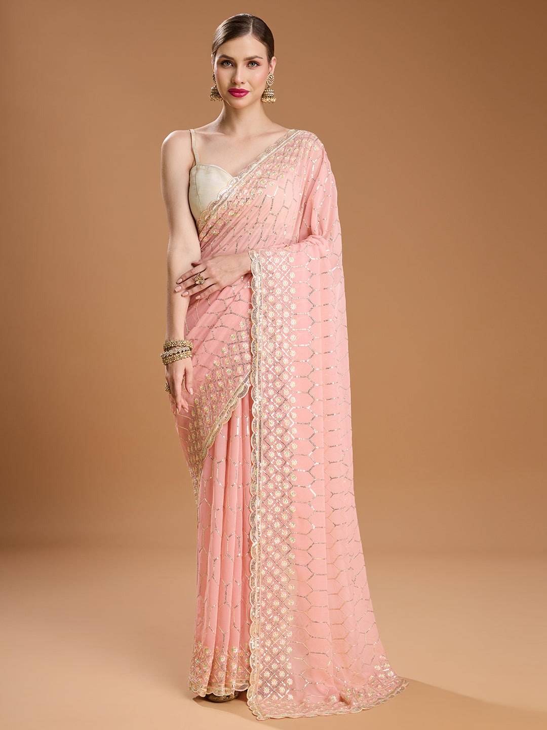 Jyoti Fashion Women's Peach Georgette Sequins Embroidered Designer Saree with Blouse - Distacart