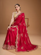 Jyoti Fashion Women's Maroon Chiffon Satin Sequins Embroidered Designer Saree with Blouse - Distacart