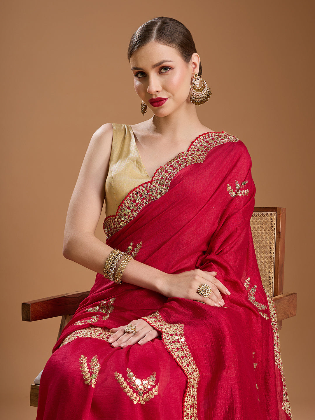 Jyoti Fashion Women's Maroon Chiffon Satin Sequins Embroidered Designer Saree with Blouse - Distacart