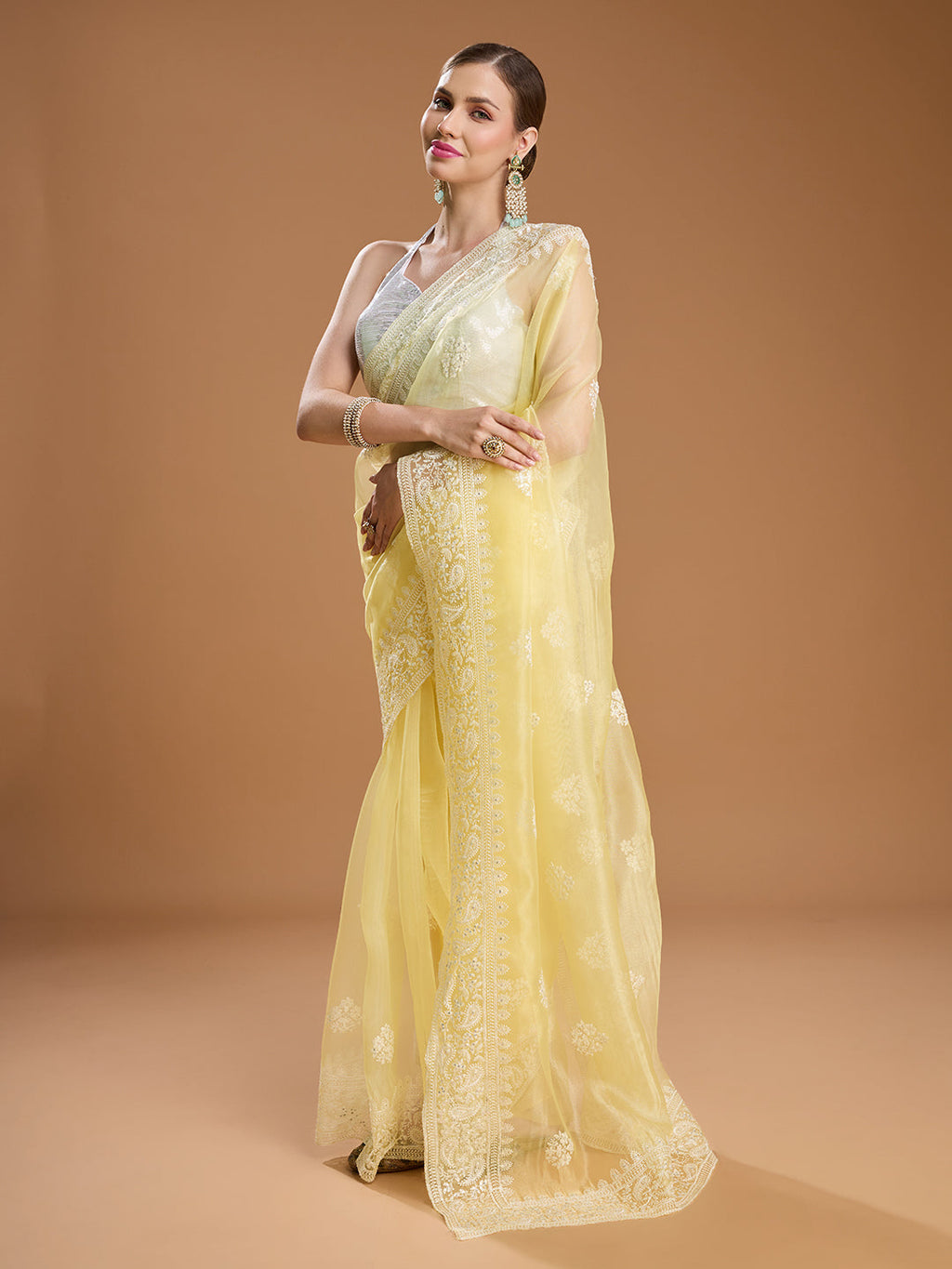 Jyoti Fashion Women's Yellow Net Sequins Embroidered Designer Saree with Blouse - Distacart