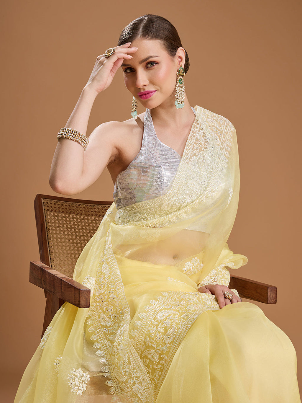 Jyoti Fashion Women's Yellow Net Sequins Embroidered Designer Saree with Blouse - Distacart