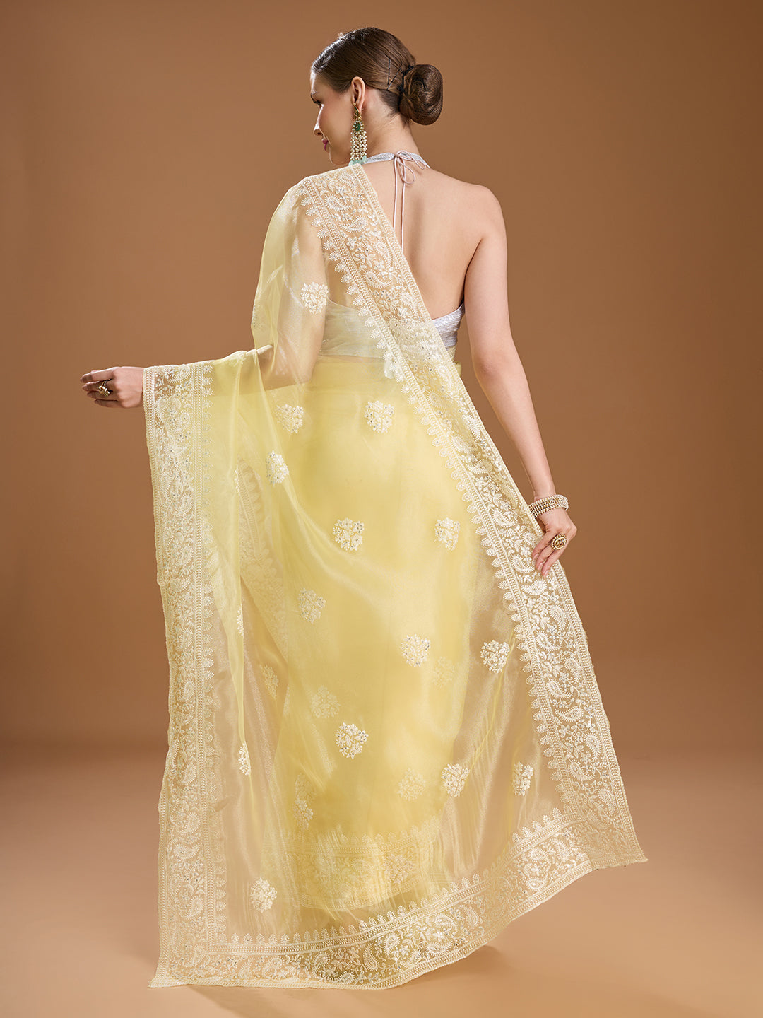 Jyoti Fashion Women's Yellow Net Sequins Embroidered Designer Saree with Blouse - Distacart