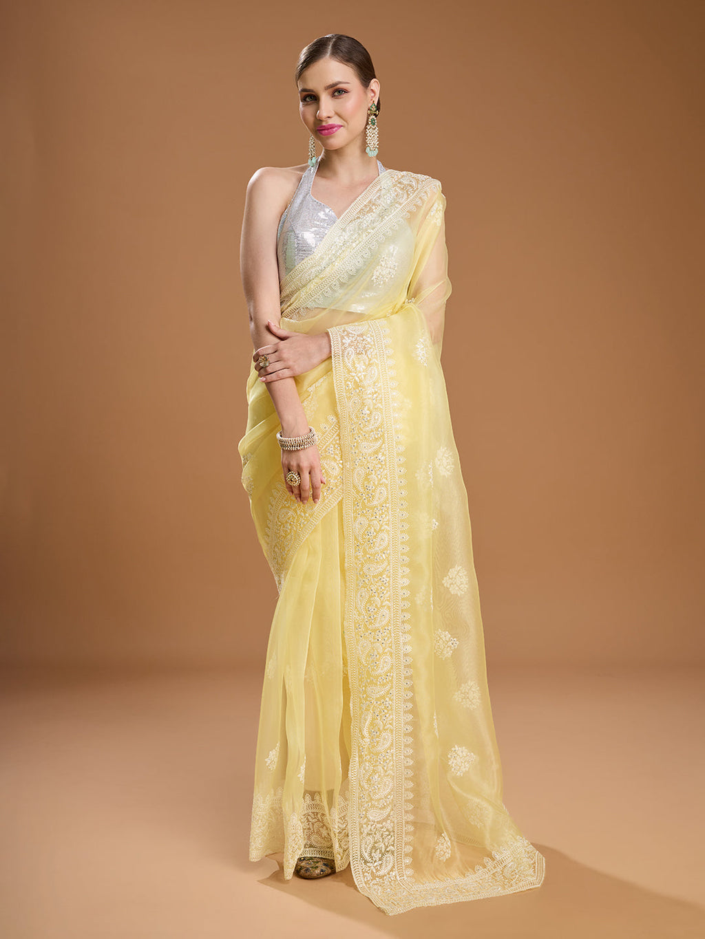 Jyoti Fashion Women's Yellow Net Sequins Embroidered Designer Saree with Blouse - Distacart