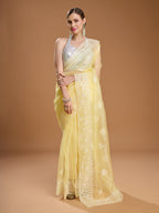 Jyoti Fashion Women's Yellow Net Sequins Embroidered Designer Saree with Blouse - Distacart