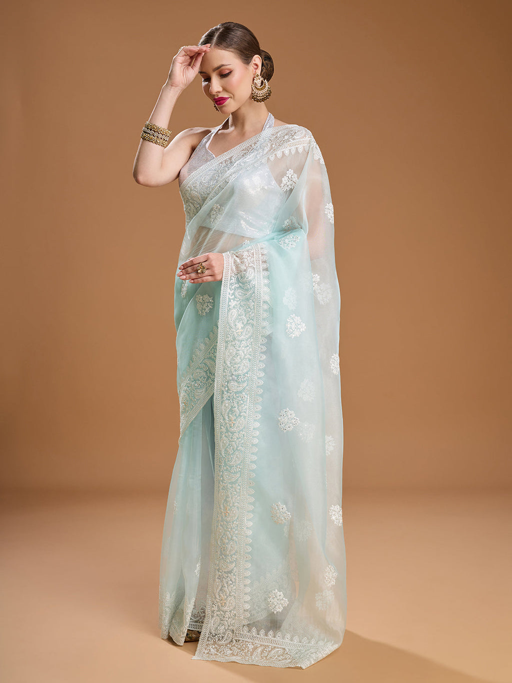 Jyoti Fashion Women's Sky Blue Net Sequins Embroidered Designer Saree with Blouse - Distacart