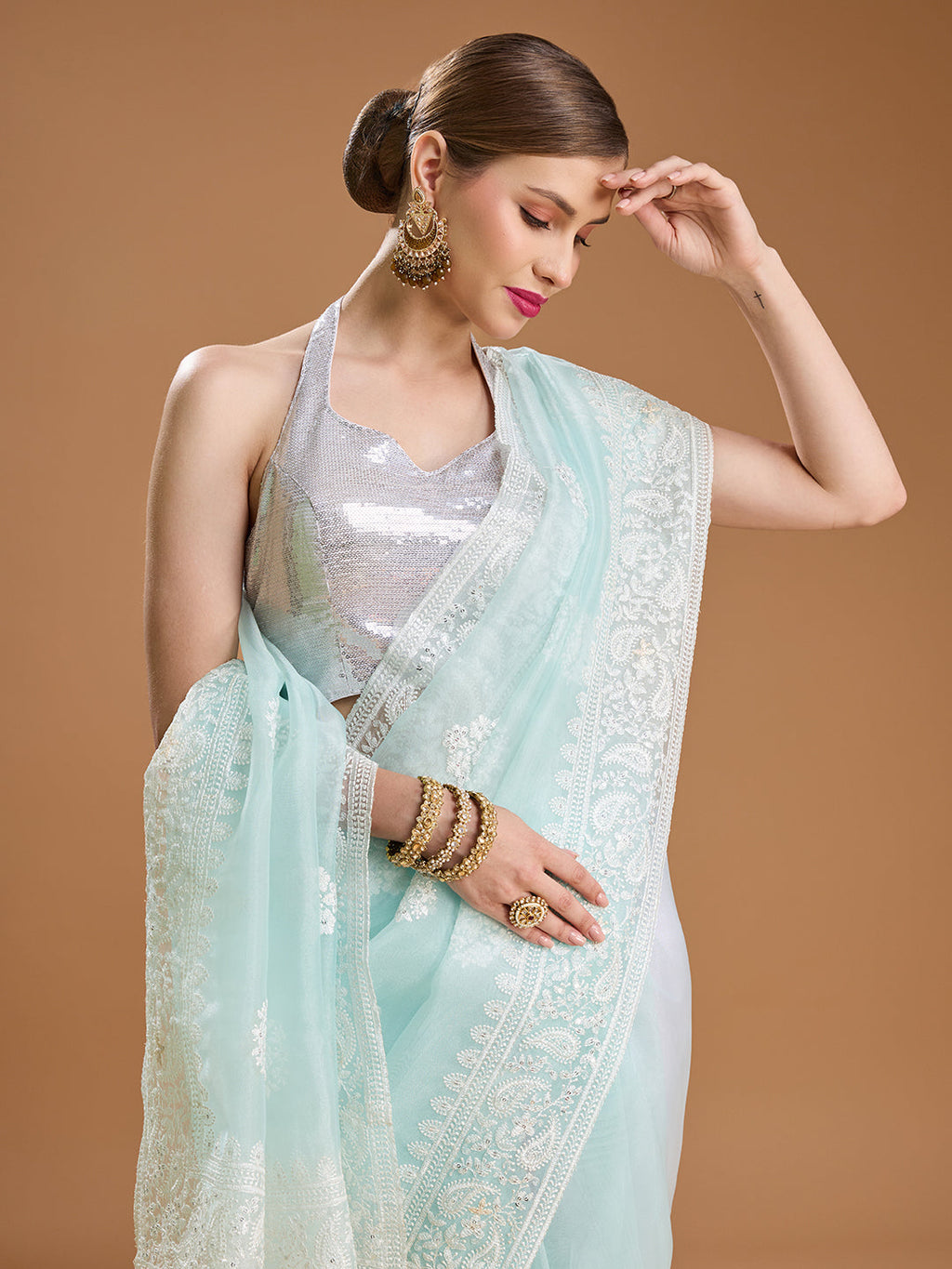 Jyoti Fashion Women's Sky Blue Net Sequins Embroidered Designer Saree with Blouse - Distacart