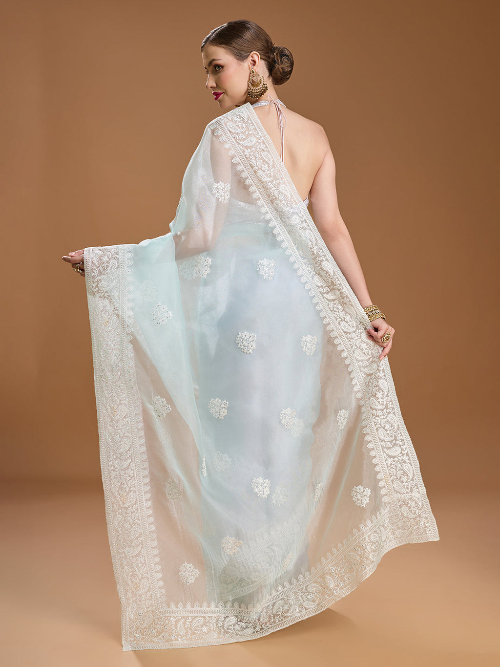 Jyoti Fashion Women's Sky Blue Net Sequins Embroidered Designer Saree with Blouse - Distacart