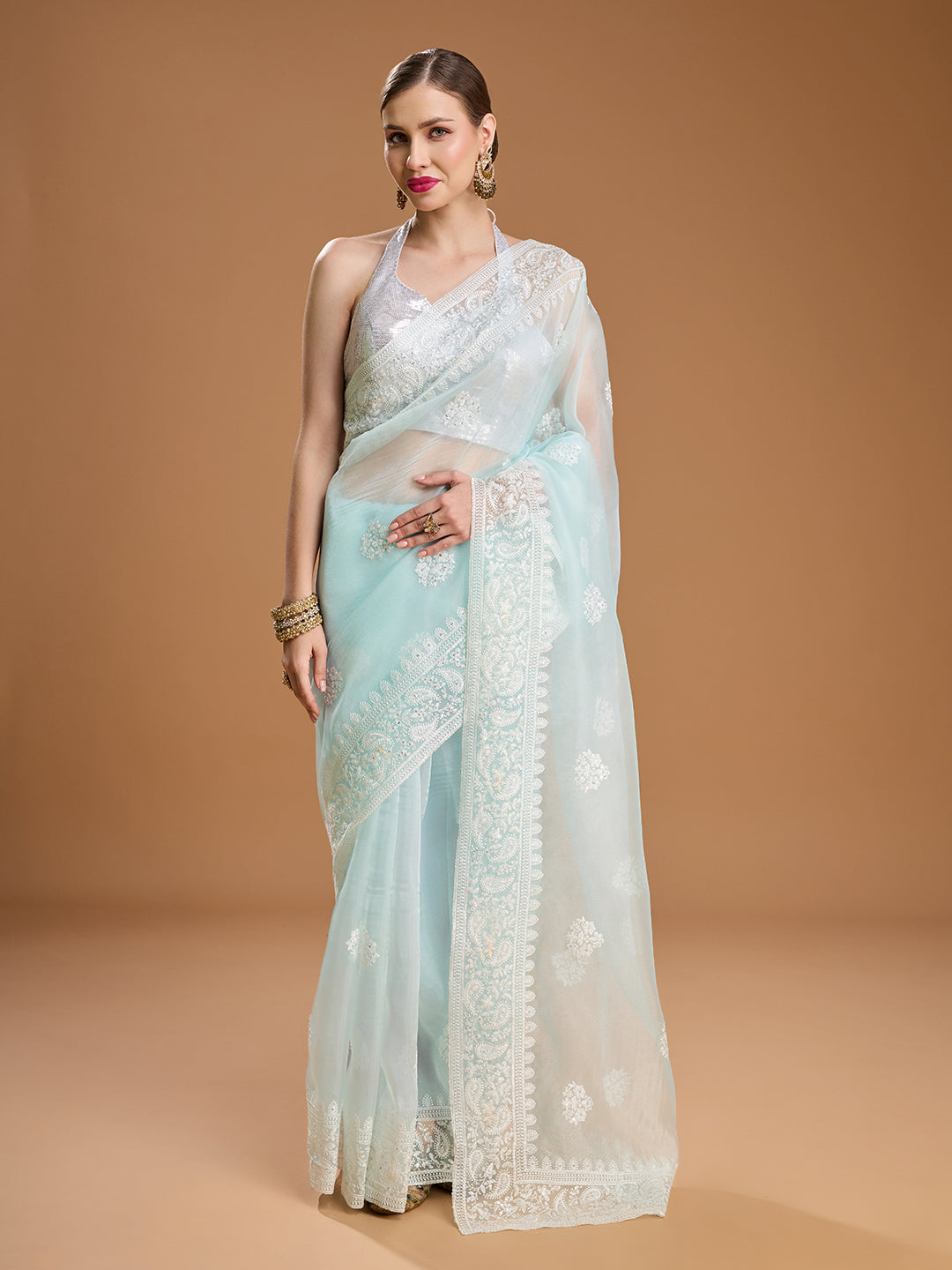 Jyoti Fashion Women's Sky Blue Net Sequins Embroidered Designer Saree with Blouse - Distacart