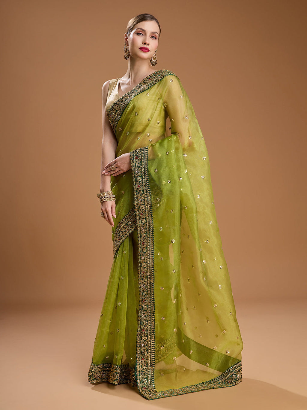 Jyoti Fashion Women's Green Organza Sequins Embroidered Designer Saree with Blouse - Distacart