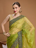 Jyoti Fashion Women's Green Organza Sequins Embroidered Designer Saree with Blouse - Distacart