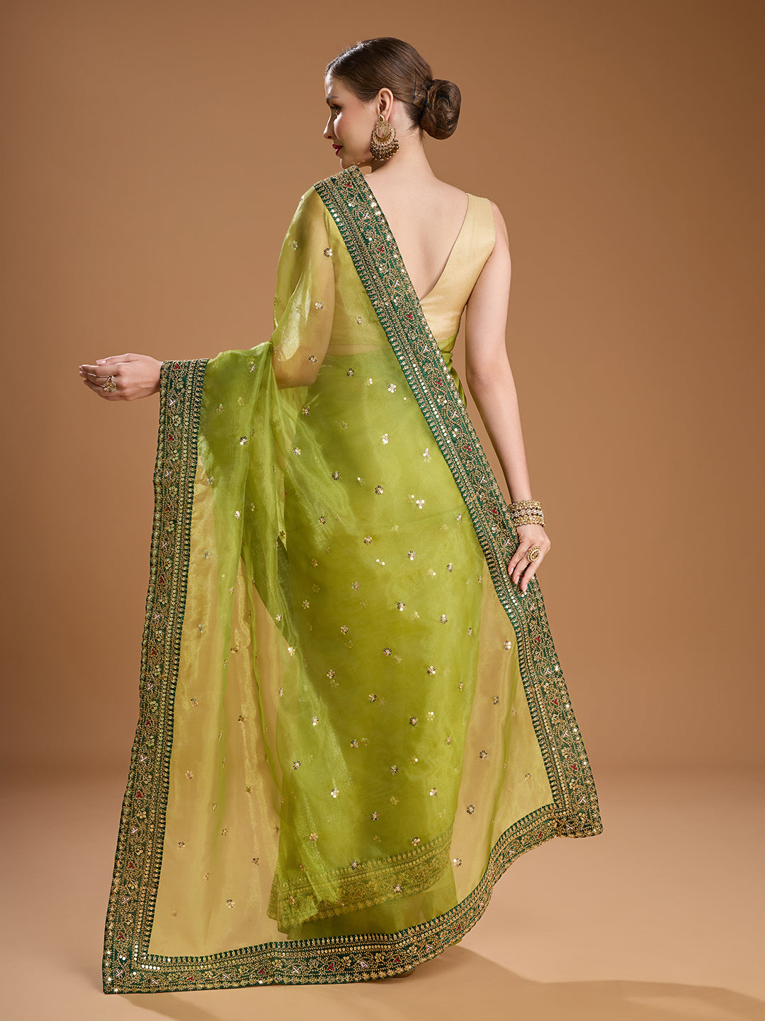 Jyoti Fashion Women's Green Organza Sequins Embroidered Designer Saree with Blouse - Distacart