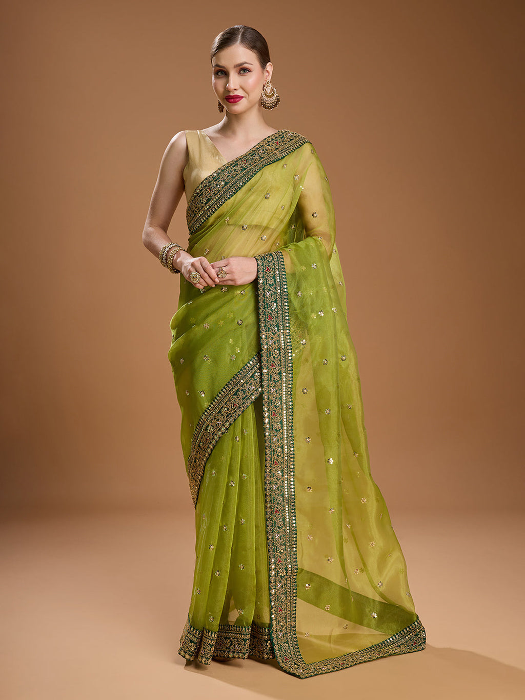 Jyoti Fashion Women's Green Organza Sequins Embroidered Designer Saree with Blouse - Distacart