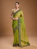 Jyoti Fashion Women's Green Organza Sequins Embroidered Designer Saree with Blouse - Distacart